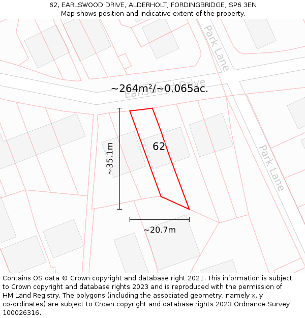 62, EARLSWOOD DRIVE, ALDERHOLT, FORDINGBRIDGE, SP6 3EN: Plot and title map