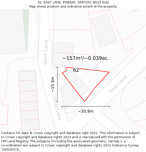 62, EAST LANE, EMBSAY, SKIPTON, BD23 6QD: Plot and title map