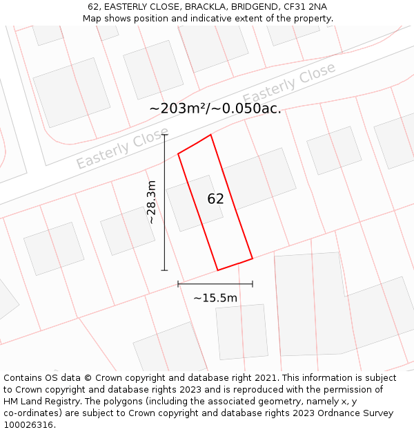 62, EASTERLY CLOSE, BRACKLA, BRIDGEND, CF31 2NA: Plot and title map