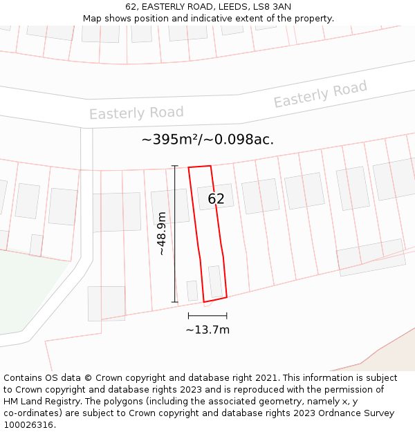 62, EASTERLY ROAD, LEEDS, LS8 3AN: Plot and title map