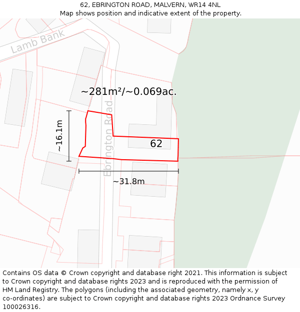 62, EBRINGTON ROAD, MALVERN, WR14 4NL: Plot and title map