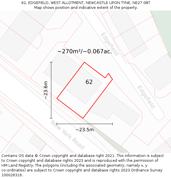 62, EDGEFIELD, WEST ALLOTMENT, NEWCASTLE UPON TYNE, NE27 0BT: Plot and title map