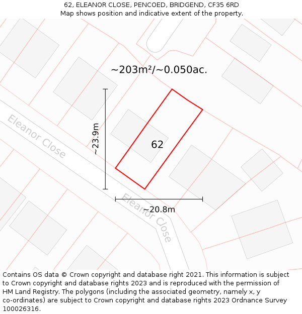 62, ELEANOR CLOSE, PENCOED, BRIDGEND, CF35 6RD: Plot and title map
