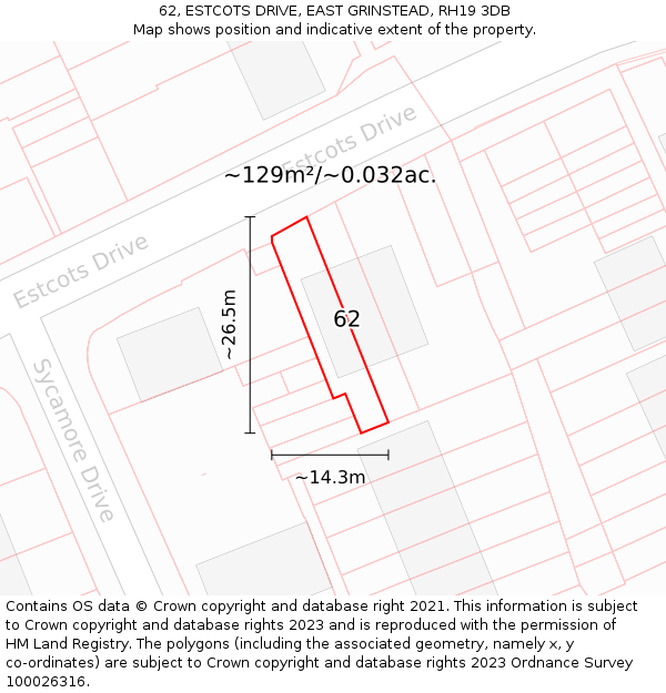 62, ESTCOTS DRIVE, EAST GRINSTEAD, RH19 3DB: Plot and title map