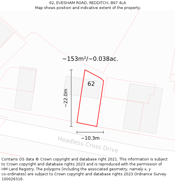 62, EVESHAM ROAD, REDDITCH, B97 4LA: Plot and title map