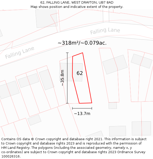 62, FALLING LANE, WEST DRAYTON, UB7 8AD: Plot and title map