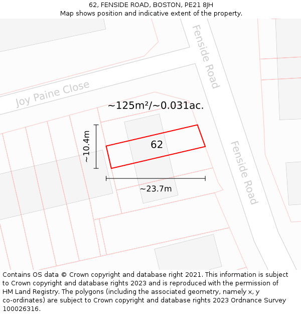 62, FENSIDE ROAD, BOSTON, PE21 8JH: Plot and title map
