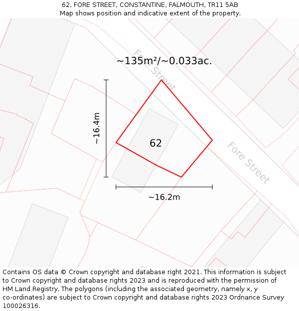 62, FORE STREET, CONSTANTINE, FALMOUTH, TR11 5AB: Plot and title map