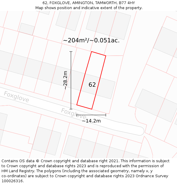 62, FOXGLOVE, AMINGTON, TAMWORTH, B77 4HY: Plot and title map