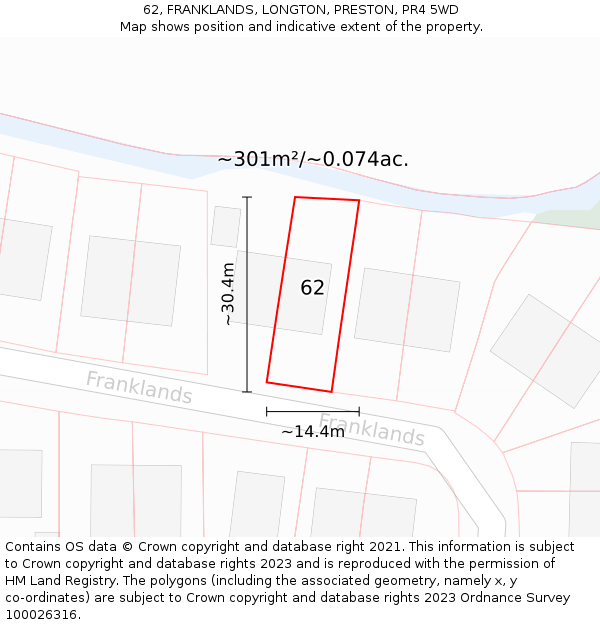 62, FRANKLANDS, LONGTON, PRESTON, PR4 5WD: Plot and title map