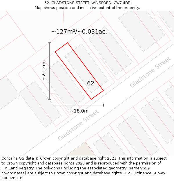 62, GLADSTONE STREET, WINSFORD, CW7 4BB: Plot and title map