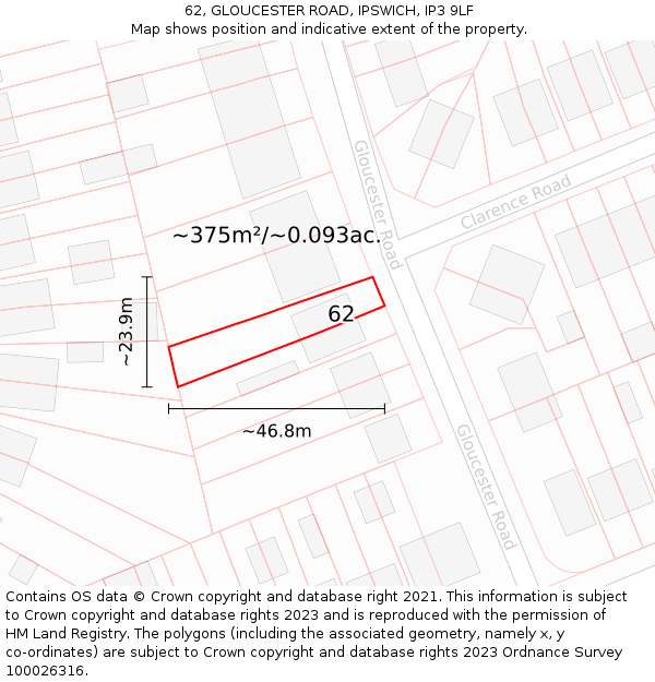 62, GLOUCESTER ROAD, IPSWICH, IP3 9LF: Plot and title map