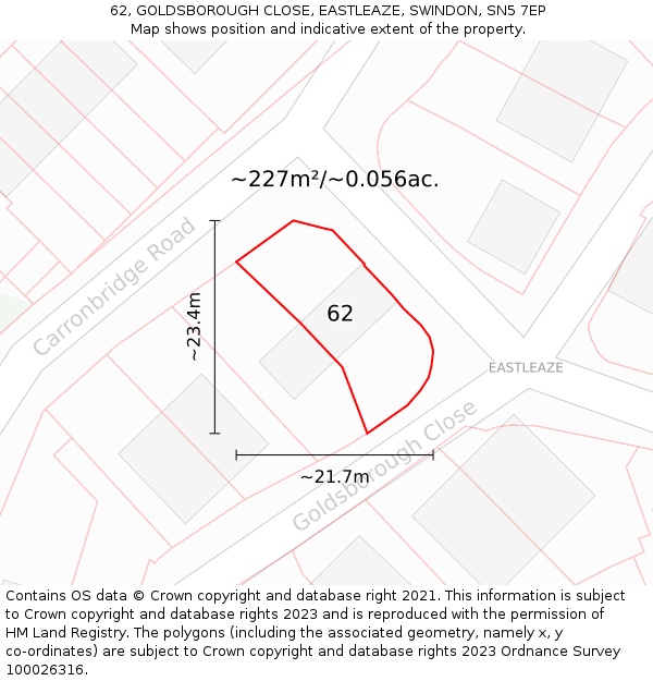 62, GOLDSBOROUGH CLOSE, EASTLEAZE, SWINDON, SN5 7EP: Plot and title map