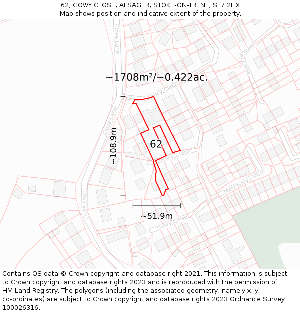 62, GOWY CLOSE, ALSAGER, STOKE-ON-TRENT, ST7 2HX: Plot and title map