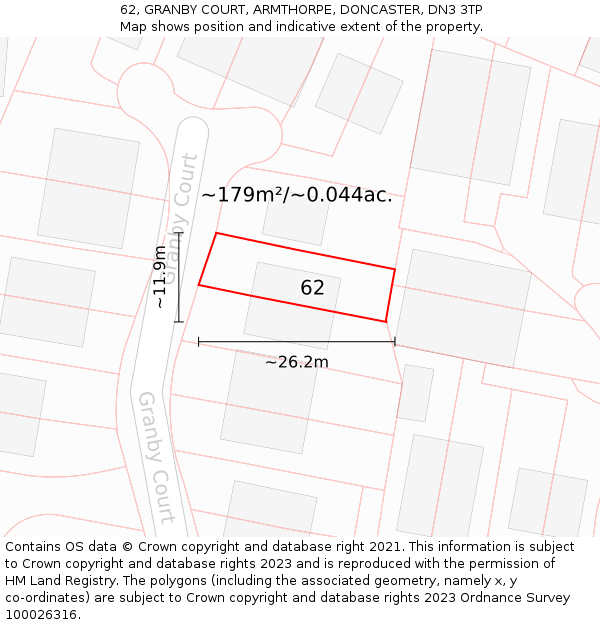 62, GRANBY COURT, ARMTHORPE, DONCASTER, DN3 3TP: Plot and title map