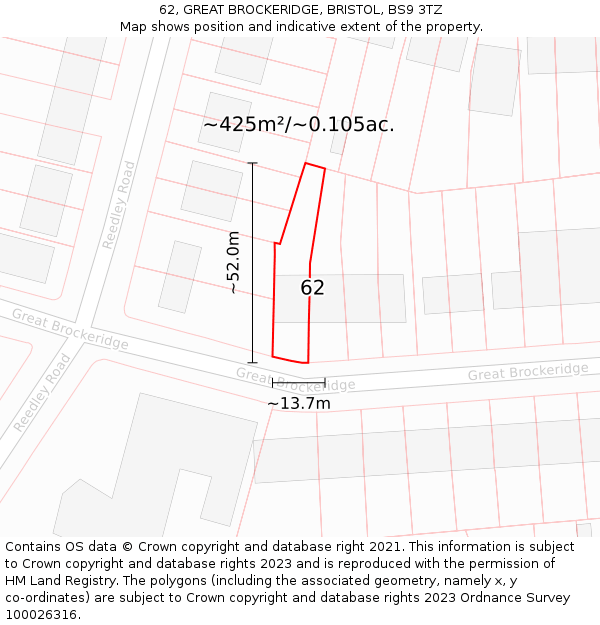 62, GREAT BROCKERIDGE, BRISTOL, BS9 3TZ: Plot and title map