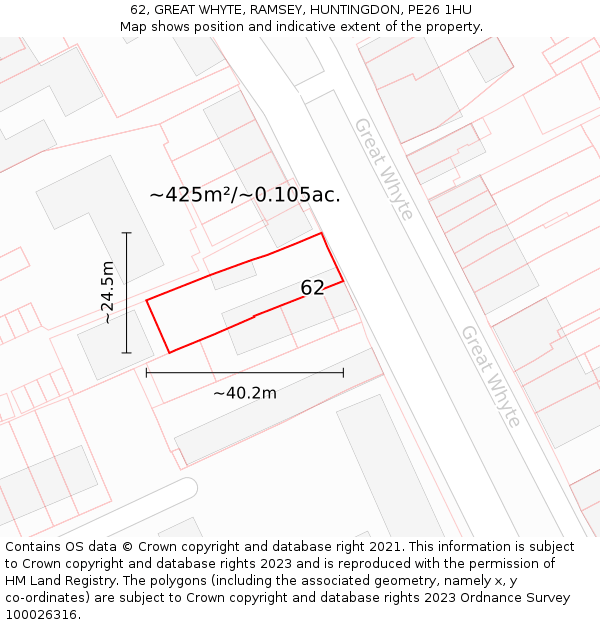 62, GREAT WHYTE, RAMSEY, HUNTINGDON, PE26 1HU: Plot and title map