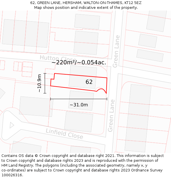 62, GREEN LANE, HERSHAM, WALTON-ON-THAMES, KT12 5EZ: Plot and title map