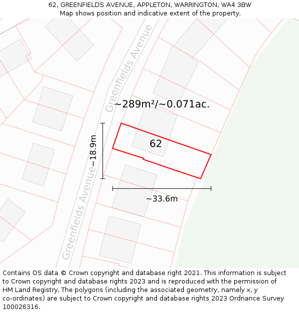 62, GREENFIELDS AVENUE, APPLETON, WARRINGTON, WA4 3BW: Plot and title map
