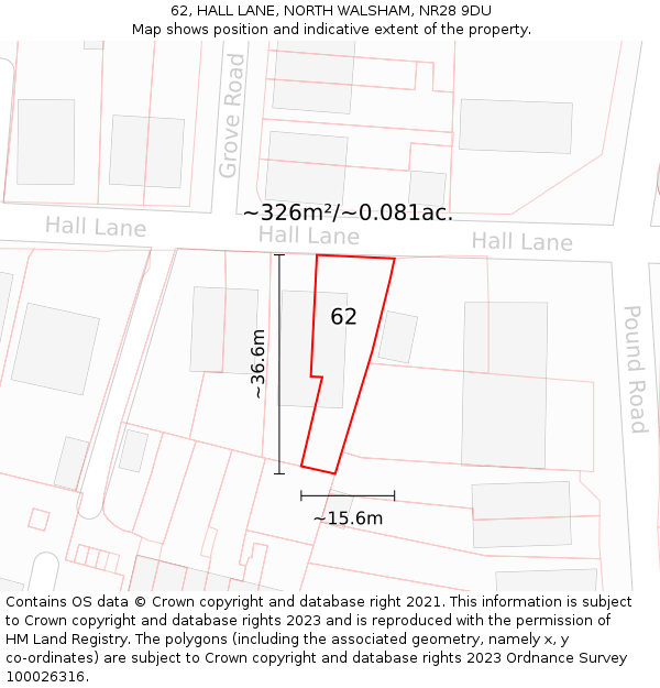 62, HALL LANE, NORTH WALSHAM, NR28 9DU: Plot and title map