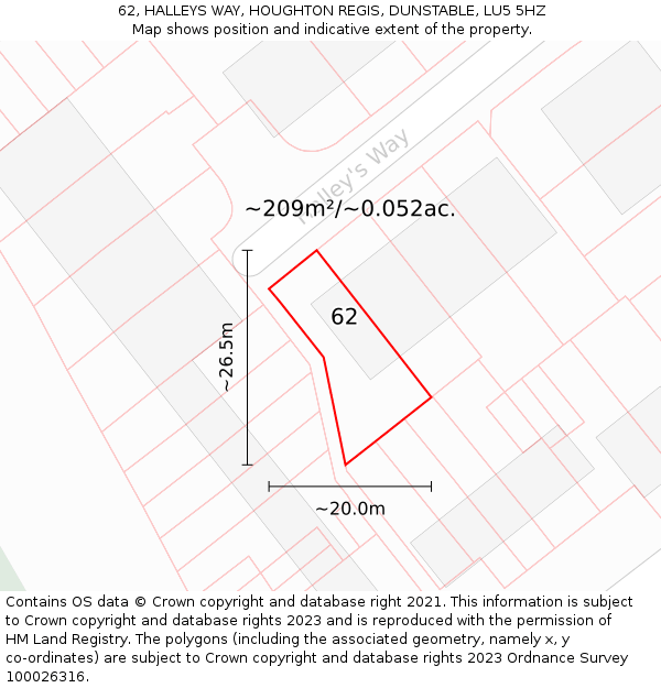 62, HALLEYS WAY, HOUGHTON REGIS, DUNSTABLE, LU5 5HZ: Plot and title map