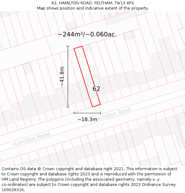 62, HAMILTON ROAD, FELTHAM, TW13 4PX: Plot and title map