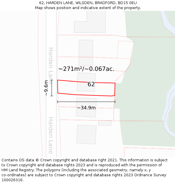 62, HARDEN LANE, WILSDEN, BRADFORD, BD15 0EU: Plot and title map