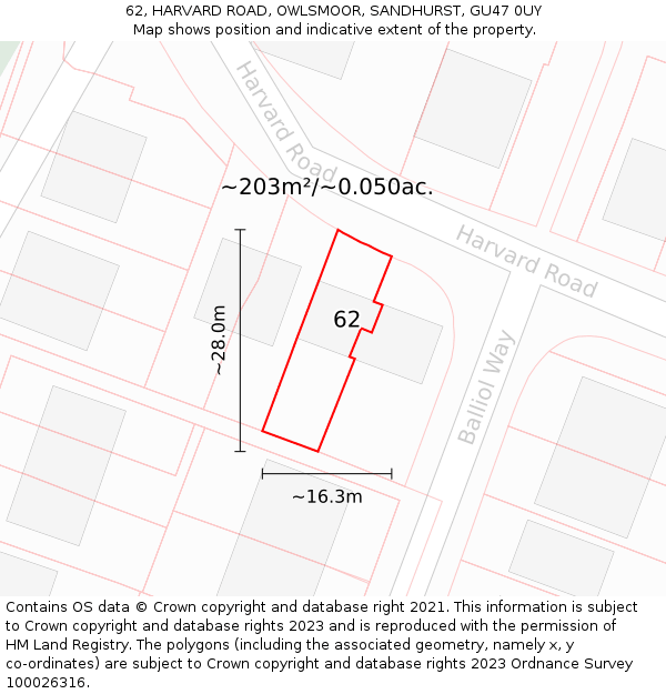 62, HARVARD ROAD, OWLSMOOR, SANDHURST, GU47 0UY: Plot and title map