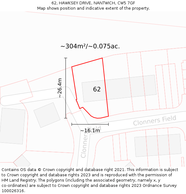 62, HAWKSEY DRIVE, NANTWICH, CW5 7GF: Plot and title map