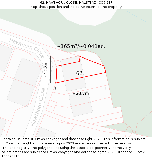 62, HAWTHORN CLOSE, HALSTEAD, CO9 2SF: Plot and title map