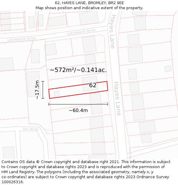 62, HAYES LANE, BROMLEY, BR2 9EE: Plot and title map