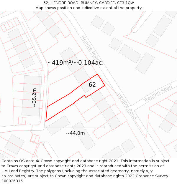 62, HENDRE ROAD, RUMNEY, CARDIFF, CF3 1QW: Plot and title map
