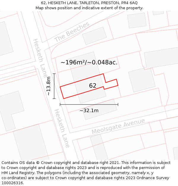 62, HESKETH LANE, TARLETON, PRESTON, PR4 6AQ: Plot and title map