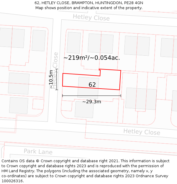 62, HETLEY CLOSE, BRAMPTON, HUNTINGDON, PE28 4GN: Plot and title map