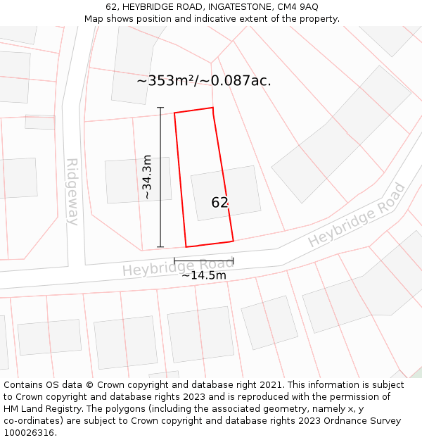 62, HEYBRIDGE ROAD, INGATESTONE, CM4 9AQ: Plot and title map