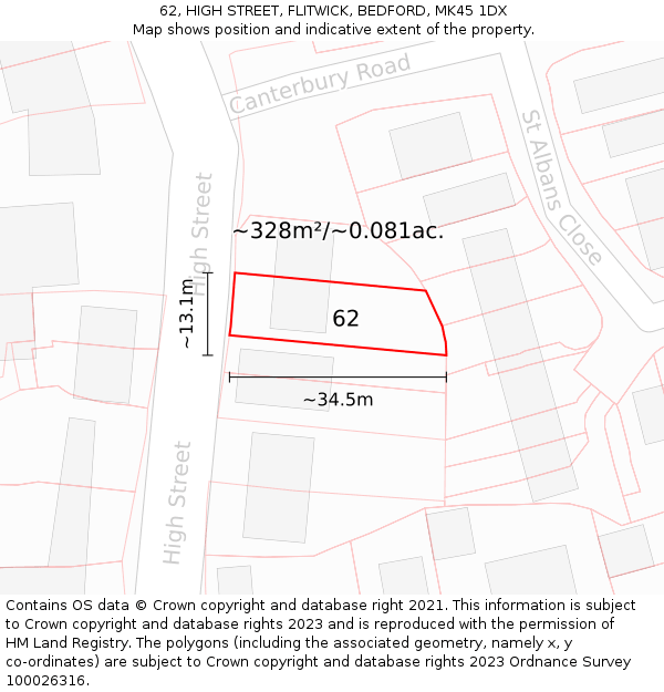 62, HIGH STREET, FLITWICK, BEDFORD, MK45 1DX: Plot and title map
