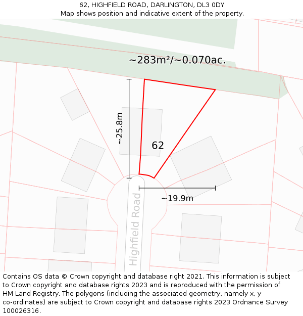 62, HIGHFIELD ROAD, DARLINGTON, DL3 0DY: Plot and title map