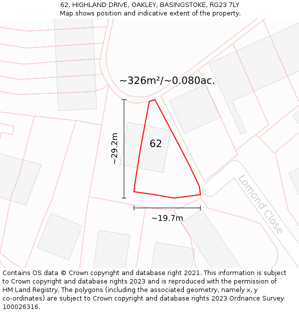 62, HIGHLAND DRIVE, OAKLEY, BASINGSTOKE, RG23 7LY: Plot and title map