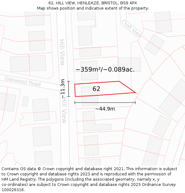 62, HILL VIEW, HENLEAZE, BRISTOL, BS9 4PX: Plot and title map