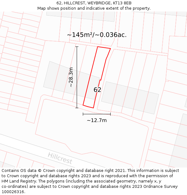 62, HILLCREST, WEYBRIDGE, KT13 8EB: Plot and title map