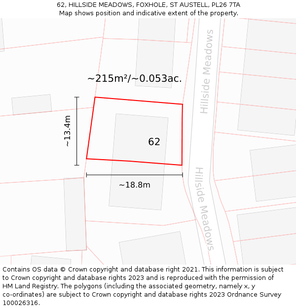 62, HILLSIDE MEADOWS, FOXHOLE, ST AUSTELL, PL26 7TA: Plot and title map