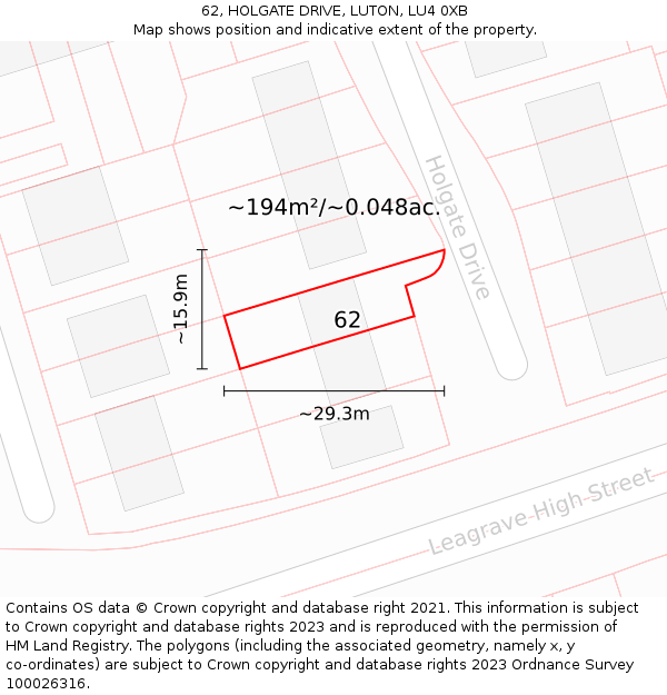 62, HOLGATE DRIVE, LUTON, LU4 0XB: Plot and title map