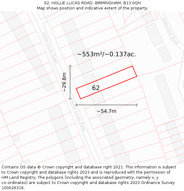 62, HOLLIE LUCAS ROAD, BIRMINGHAM, B13 0QN: Plot and title map