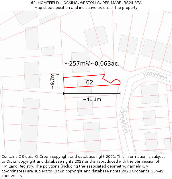 62, HOMEFIELD, LOCKING, WESTON-SUPER-MARE, BS24 8EA: Plot and title map
