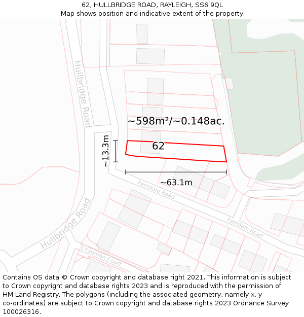 62, HULLBRIDGE ROAD, RAYLEIGH, SS6 9QL: Plot and title map