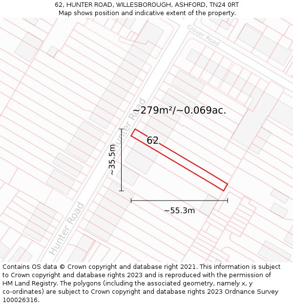 62, HUNTER ROAD, WILLESBOROUGH, ASHFORD, TN24 0RT: Plot and title map