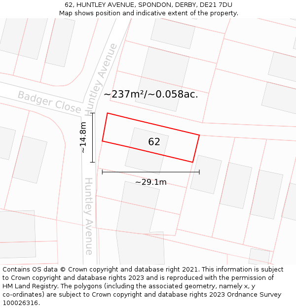 62, HUNTLEY AVENUE, SPONDON, DERBY, DE21 7DU: Plot and title map