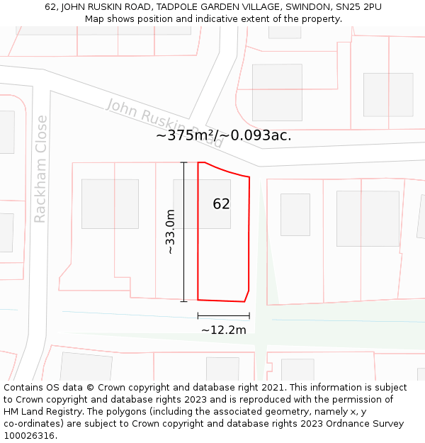 62, JOHN RUSKIN ROAD, TADPOLE GARDEN VILLAGE, SWINDON, SN25 2PU: Plot and title map