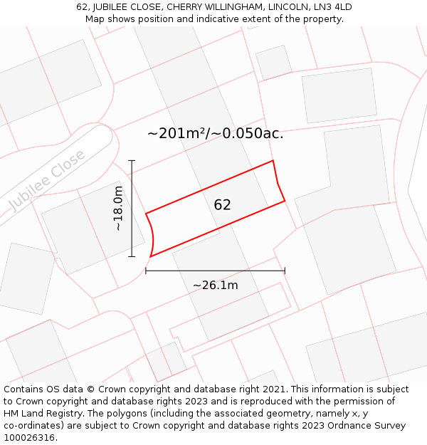 62, JUBILEE CLOSE, CHERRY WILLINGHAM, LINCOLN, LN3 4LD: Plot and title map