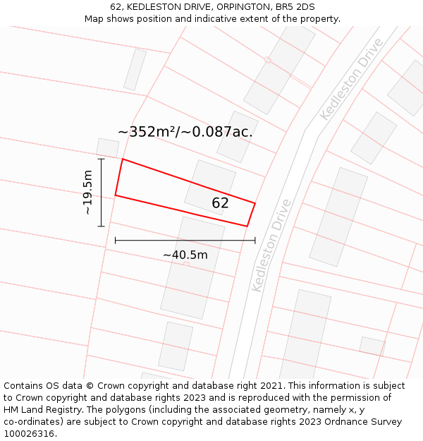 62, KEDLESTON DRIVE, ORPINGTON, BR5 2DS: Plot and title map
